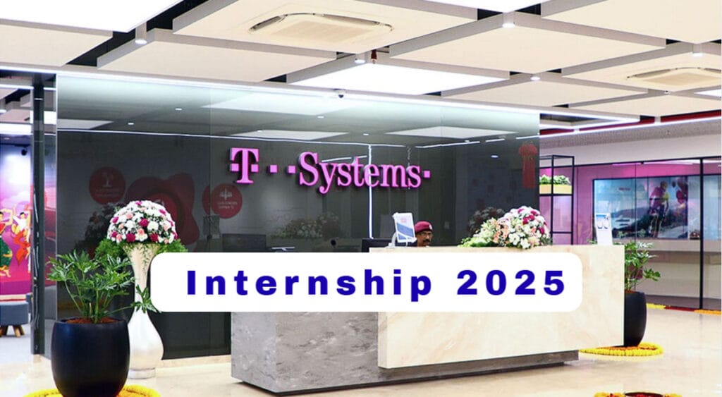 Reception area of T-Systems ICT India Pvt. Ltd. office in Pune, decorated with flowers and branding, promoting the T-Systems internship Pune opportunity for 2026 batch.